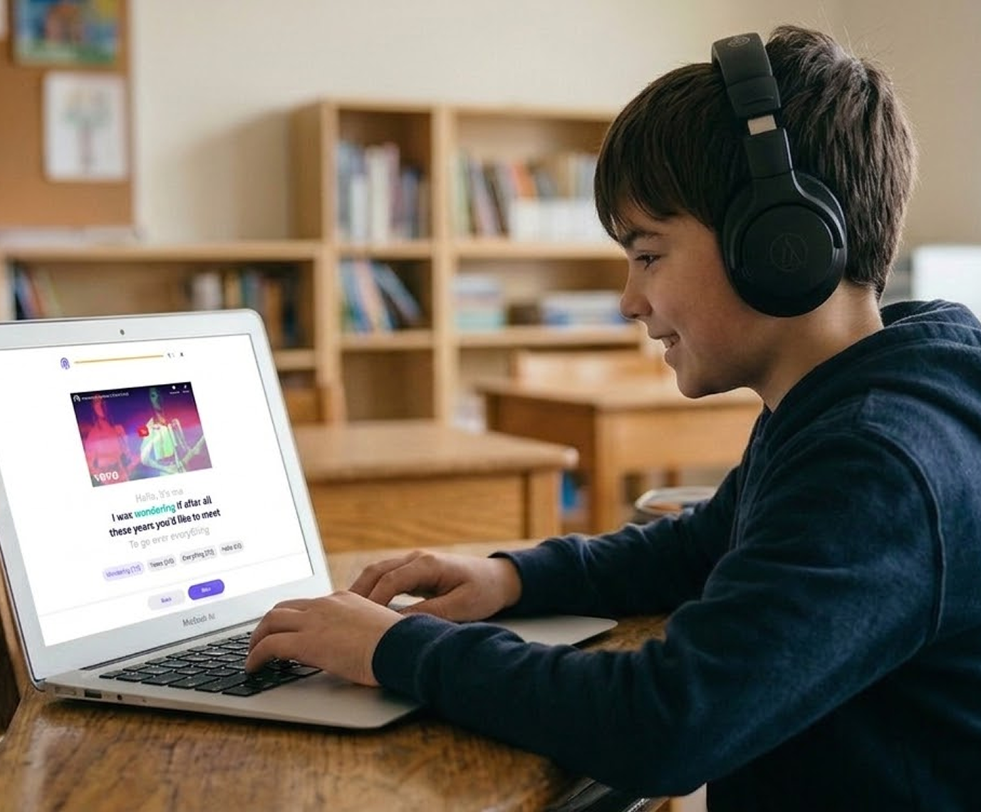Student learning English with songs on Singit while wearing headphones