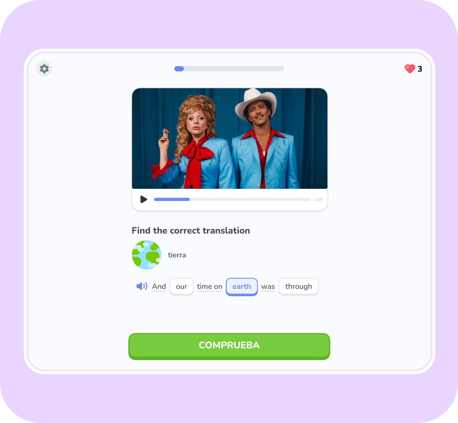 Singit English translation exercise with music-based vocabulary practice
