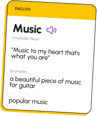 Singit vocabulary card for the word Music with definition and examples